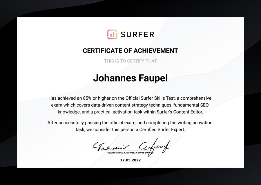SURFER Copywriter Certificate Johannes Faupel